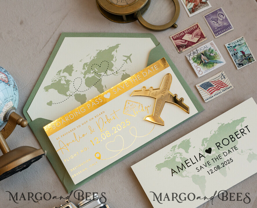 DATEN MERKEN Strand-Reise-Magnete Salbeigrüne goldene Flugzeugmagnete Save The Date Karten Boardingpass Reise Flugzeug Save The Dates Hochzeitsdestination Magnete