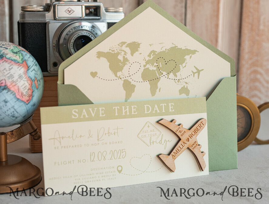 SAVE THE DATES beach travel magnets Sage green Wooden airplane magnet Save The Date Cards boardingpass travel airplane save the dates destination wedding magnets