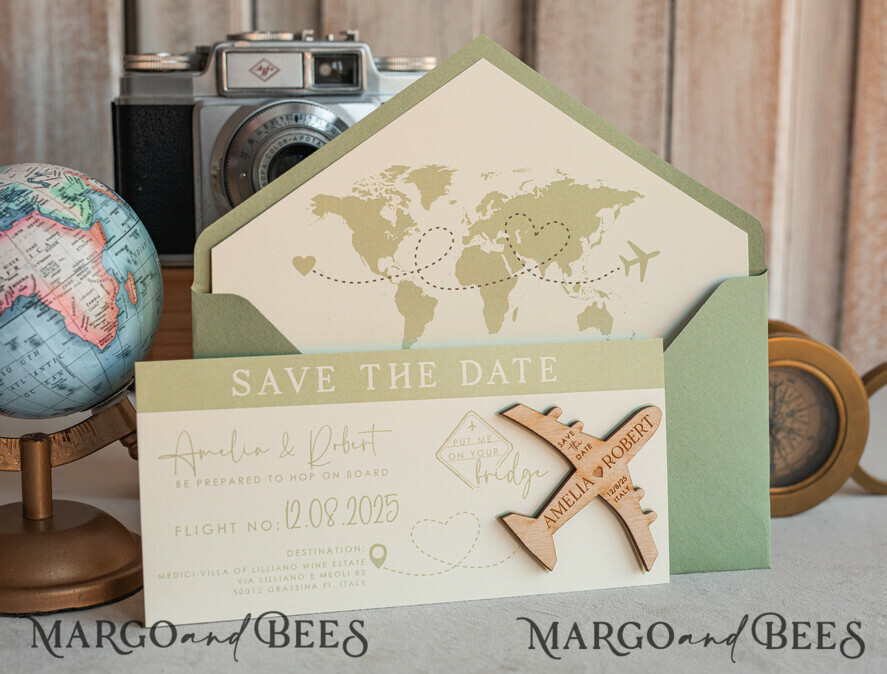 SAVE THE DATES beach travel magnets Sage green Wooden airplane magnet Save The Date Cards boardingpass travel airplane save the dates destination wedding magnets