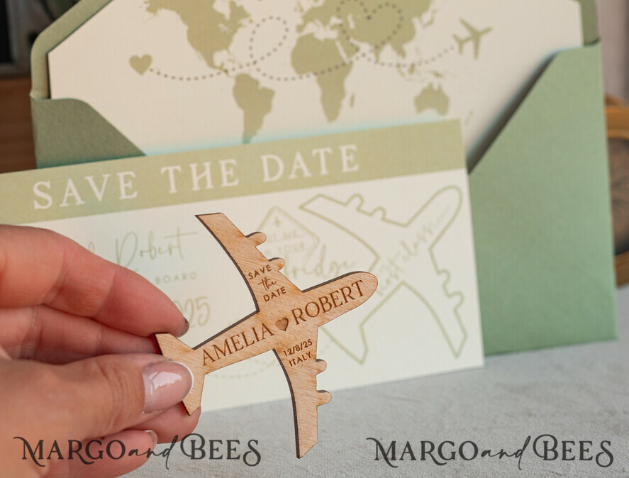 SAVE THE DATES beach travel magnets Sage green Wooden airplane magnet Save The Date Cards boardingpass travel airplane save the dates destination wedding magnets