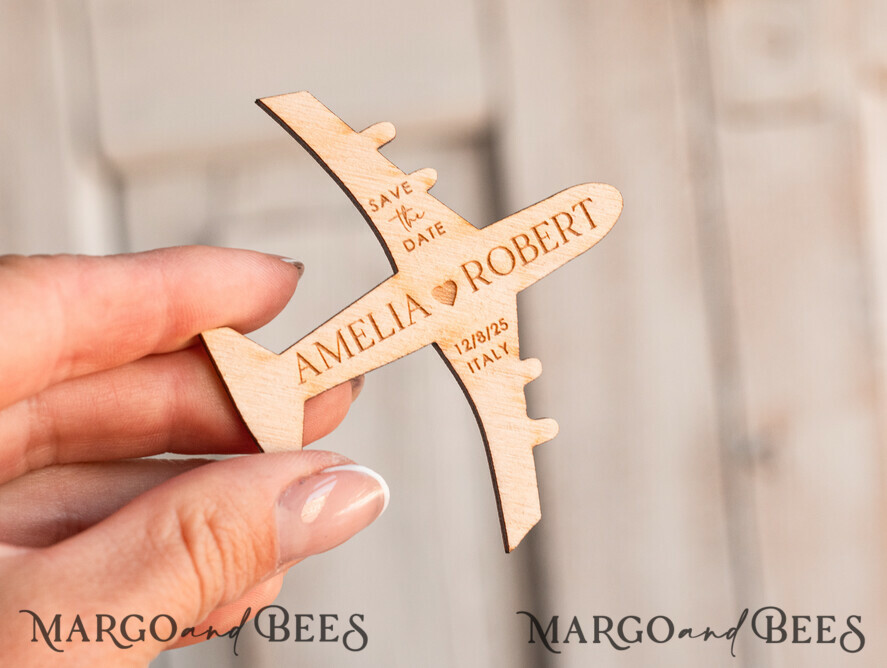 SAVE THE DATES beach travel magnets Sage green Wooden airplane magnet Save The Date Cards boardingpass travel airplane save the dates destination wedding magnets
