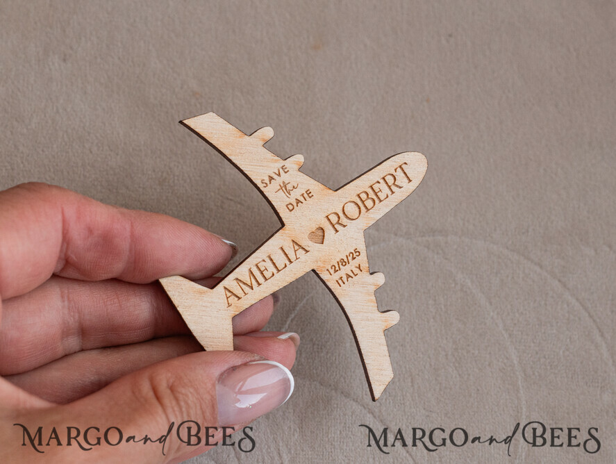 SAVE THE DATES beach travel magnets Sage green Wooden airplane magnet Save The Date Cards boardingpass travel airplane save the dates destination wedding magnets
