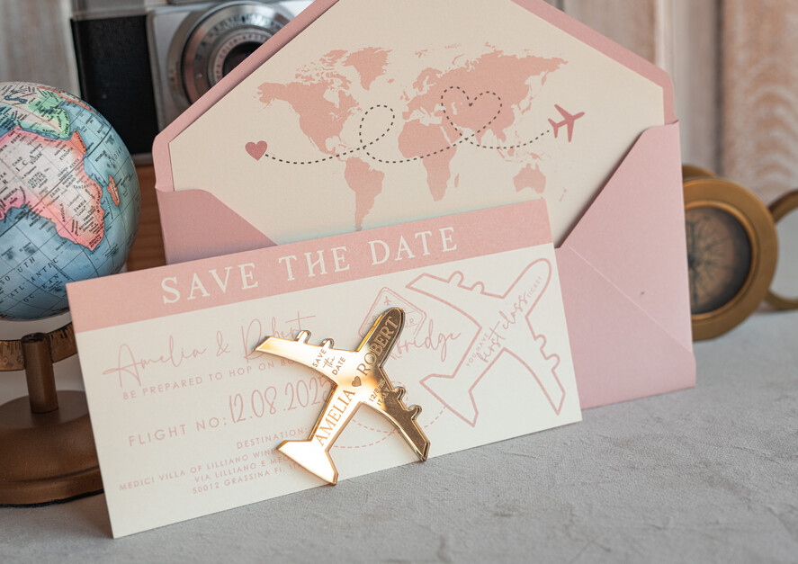 SAVE THE DATES beach travel magnets Pink Blush golden airplane magnet Save The Date Cards boardingpass travel airplane save the dates destination wedding magnets