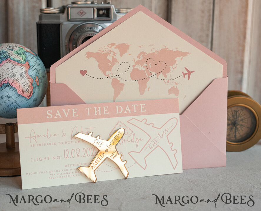 SAVE THE DATES beach travel magnets Pink Blush golden airplane magnet Save The Date Cards boardingpass travel airplane save the dates destination wedding magnets