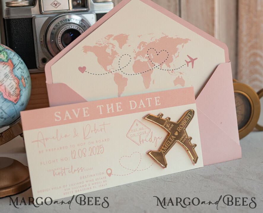 SAVE THE DATES beach travel magnets Pink Blush golden airplane magnet Save The Date Cards boardingpass travel airplane save the dates destination wedding magnets