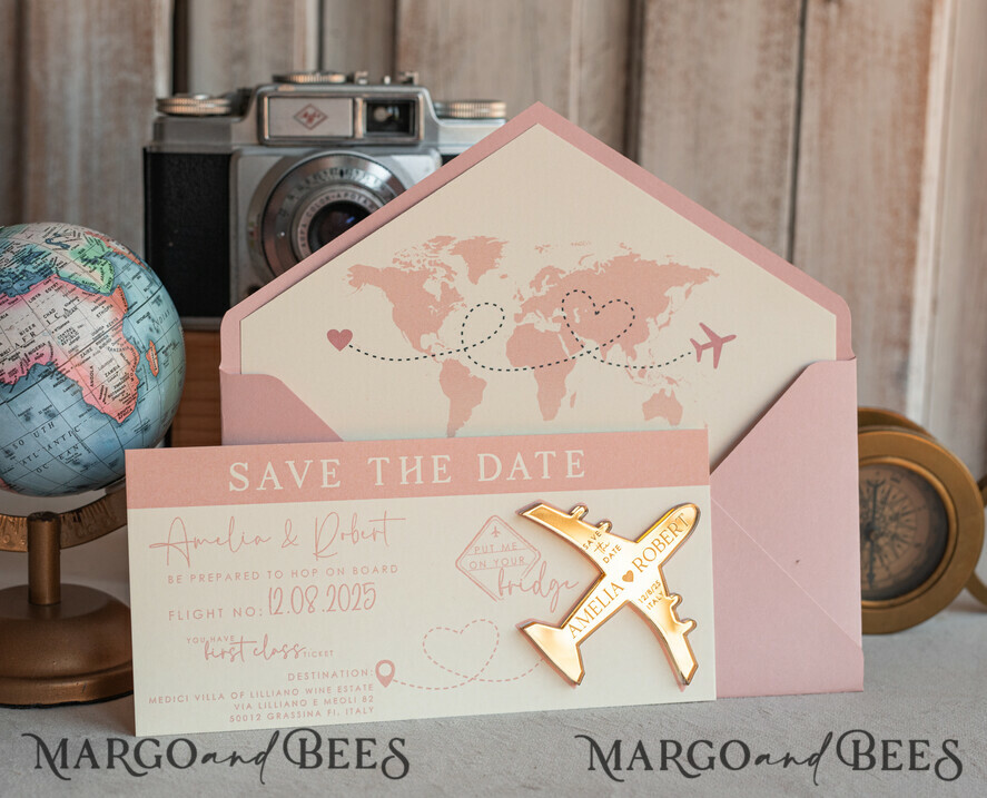 SAVE THE DATES beach travel magnets Pink Blush golden airplane magnet Save The Date Cards boardingpass travel airplane save the dates destination wedding magnets