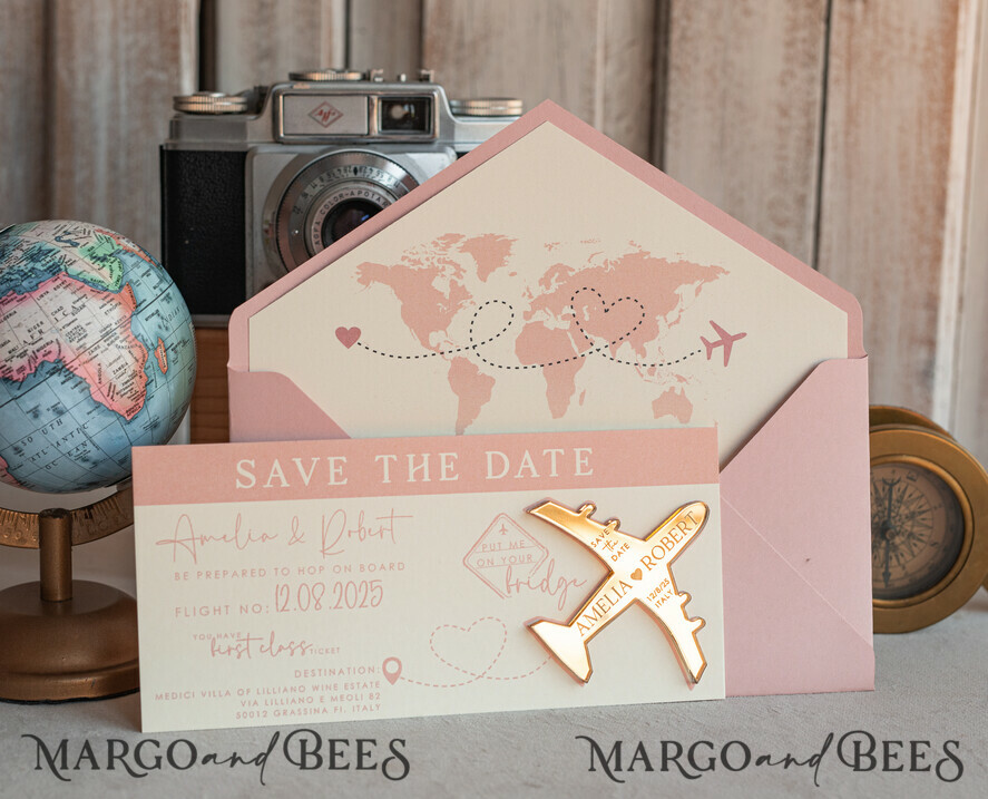 SAVE THE DATES beach travel magnets Pink Blush golden airplane magnet Save The Date Cards boardingpass travel airplane save the dates destination wedding magnets