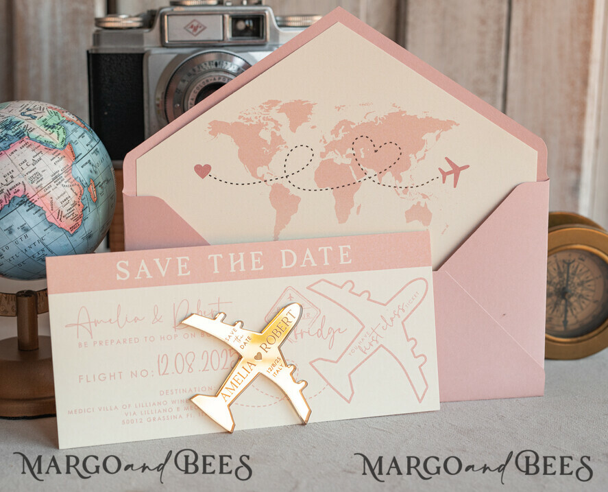 SAVE THE DATES beach travel magnets Pink Blush golden airplane magnet Save The Date Cards boardingpass travel airplane save the dates destination wedding magnets