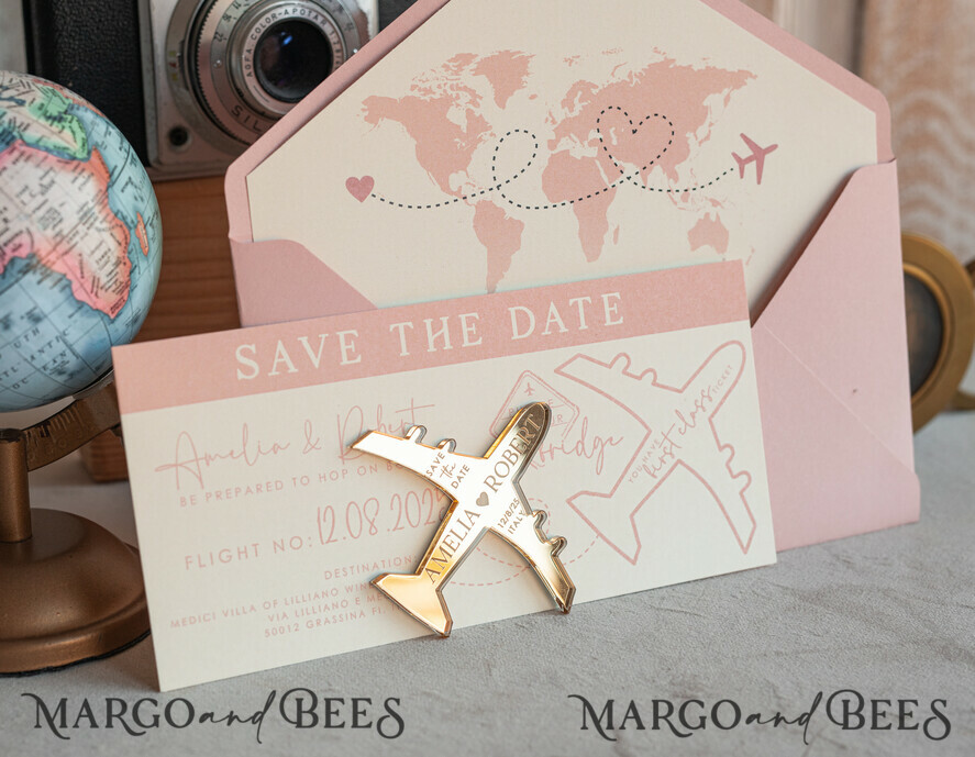 SAVE THE DATES beach travel magnets Pink Blush golden airplane magnet Save The Date Cards boardingpass travel airplane save the dates destination wedding magnets