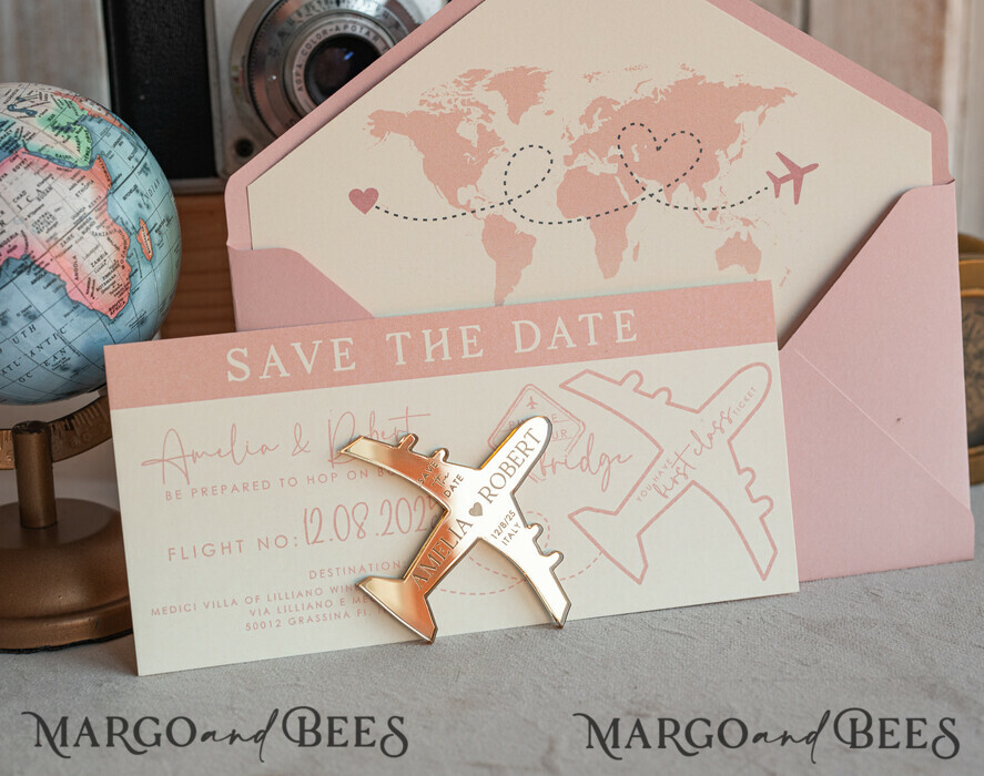 SAVE THE DATES beach travel magnets Pink Blush golden airplane magnet Save The Date Cards boardingpass travel airplane save the dates destination wedding magnets
