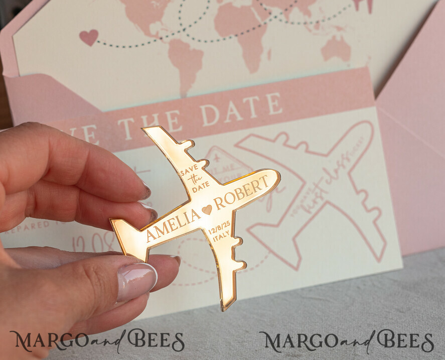 SAVE THE DATES beach travel magnets Pink Blush golden airplane magnet Save The Date Cards boardingpass travel airplane save the dates destination wedding magnets