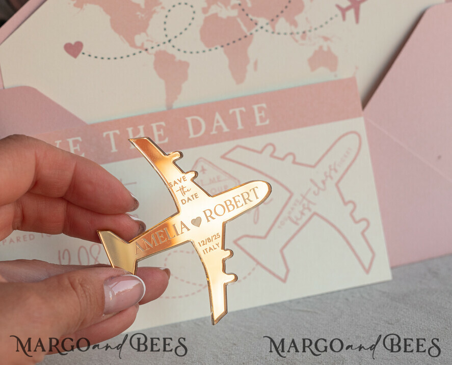 SAVE THE DATES beach travel magnets Pink Blush golden airplane magnet Save The Date Cards boardingpass travel airplane save the dates destination wedding magnets