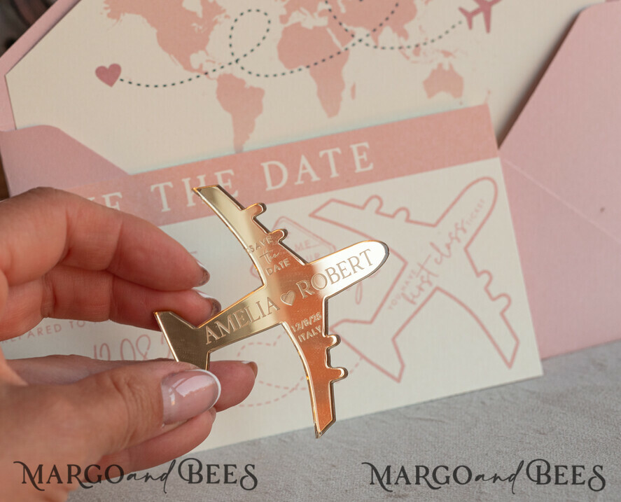 SAVE THE DATES beach travel magnets Pink Blush golden airplane magnet Save The Date Cards boardingpass travel airplane save the dates destination wedding magnets