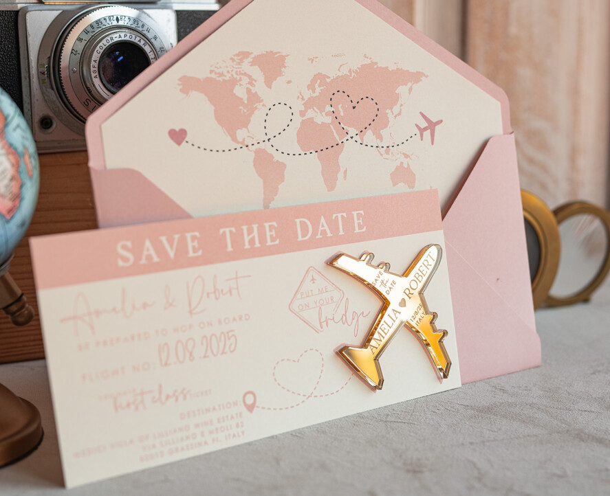 SAVE THE DATES beach travel magnets Pink Blush golden airplane magnet Save The Date Cards boardingpass travel airplane save the dates destination wedding magnets