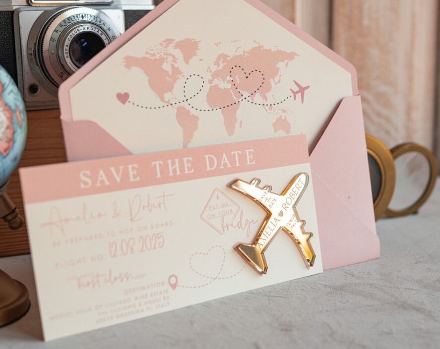 SAVE THE DATES beach travel magnets Pink Blush golden airplane magnet Save The Date Cards boardingpass travel airplane save the dates destination wedding magnets