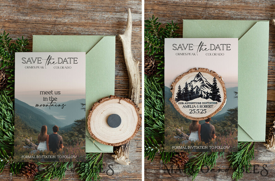DATEN MERKEN Strand-Reise-Magnete Personalisierte Bergwälder Save the Date Magnete und Karten, Reisehochzeit Save Our Dates, Wald Holzscheibenmagnete