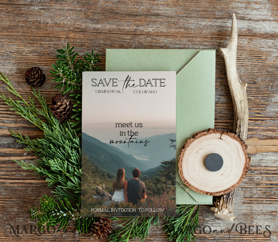 DATEN MERKEN Strand-Reise-Magnete Personalisierte Bergwälder Save the Date Magnete und Karten, Reisehochzeit Save Our Dates, Wald Holzscheibenmagnete