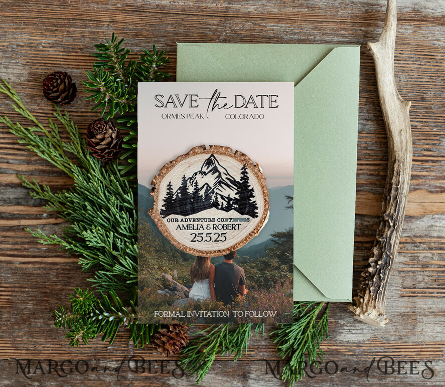 DATEN MERKEN Strand-Reise-Magnete Personalisierte Bergwälder Save the Date Magnete und Karten, Reisehochzeit Save Our Dates, Wald Holzscheibenmagnete