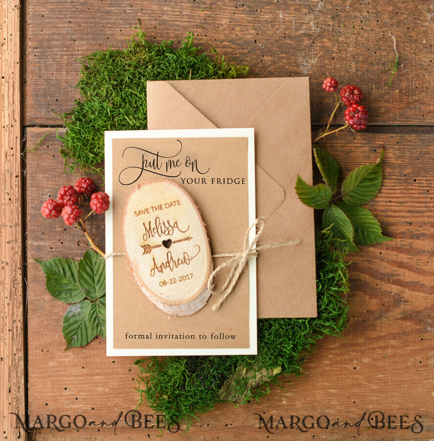 DATEN MERKEN rustikale Boho-Magnete Schöne Save the Date-Karte, Holz Kühlschrankmagnete
