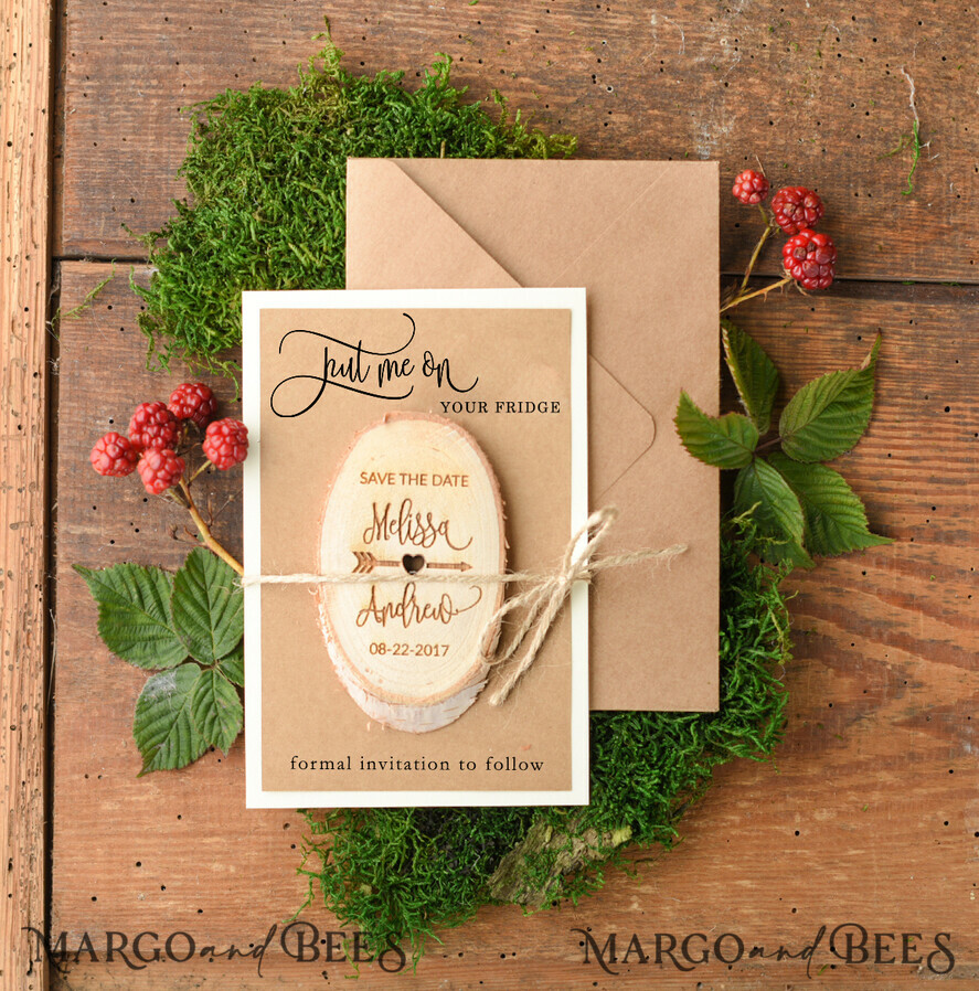 DATEN MERKEN rustikale Boho-Magnete Schöne Save the Date-Karte, Holz Kühlschrankmagnete