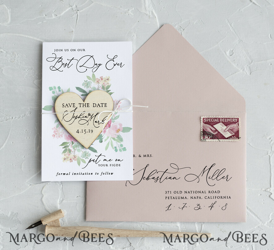 SAVE THE DATES rustic boho magnets Wedding Save the Date card Wood Fridge magnet Wedding Save The Date Card and Heart Magnet, Blush Pink Save Our Date Wood Magnets