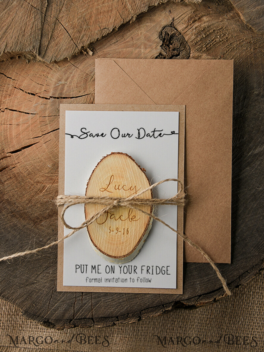 SAVE THE DATES rustic boho magnets Personalised Wedding Save the datesBespoke wedding save the date magnet, Wood Save the Date, birch slab save the date