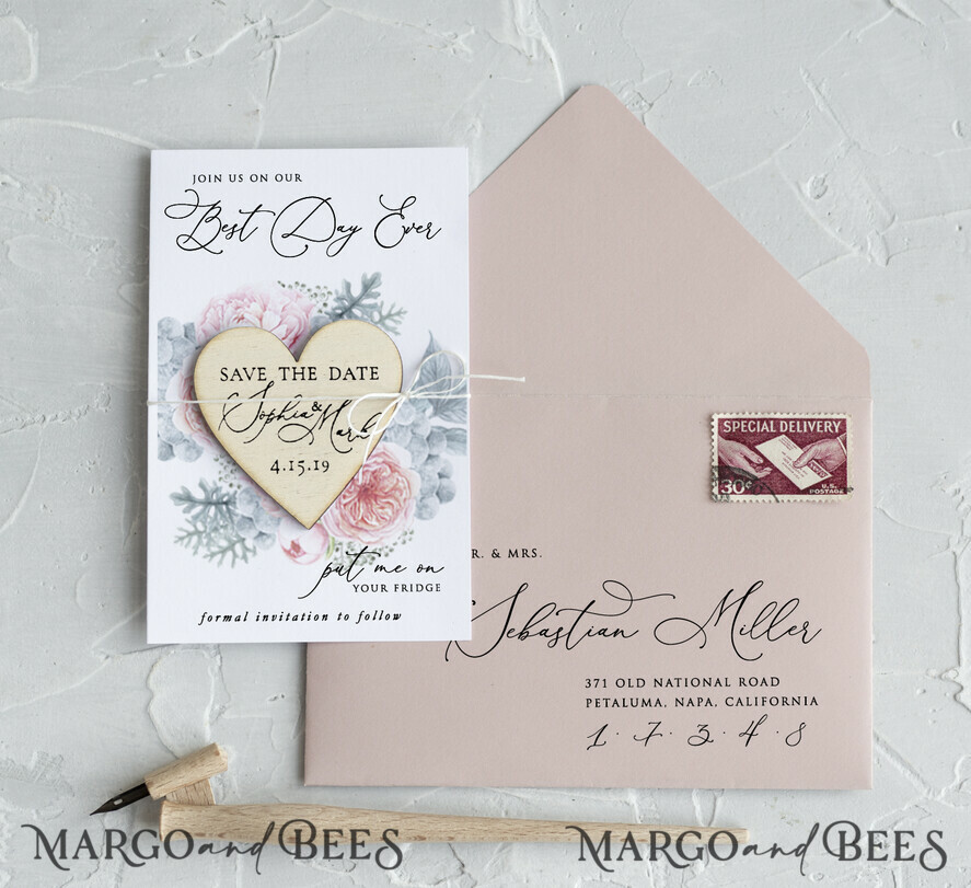 SAVE THE DATES rustic boho magnets Personalised Save the Date magnet Wedding Save The Date Card and Heart Magnet, Blush Pink Save Our Date Wood Magnets
