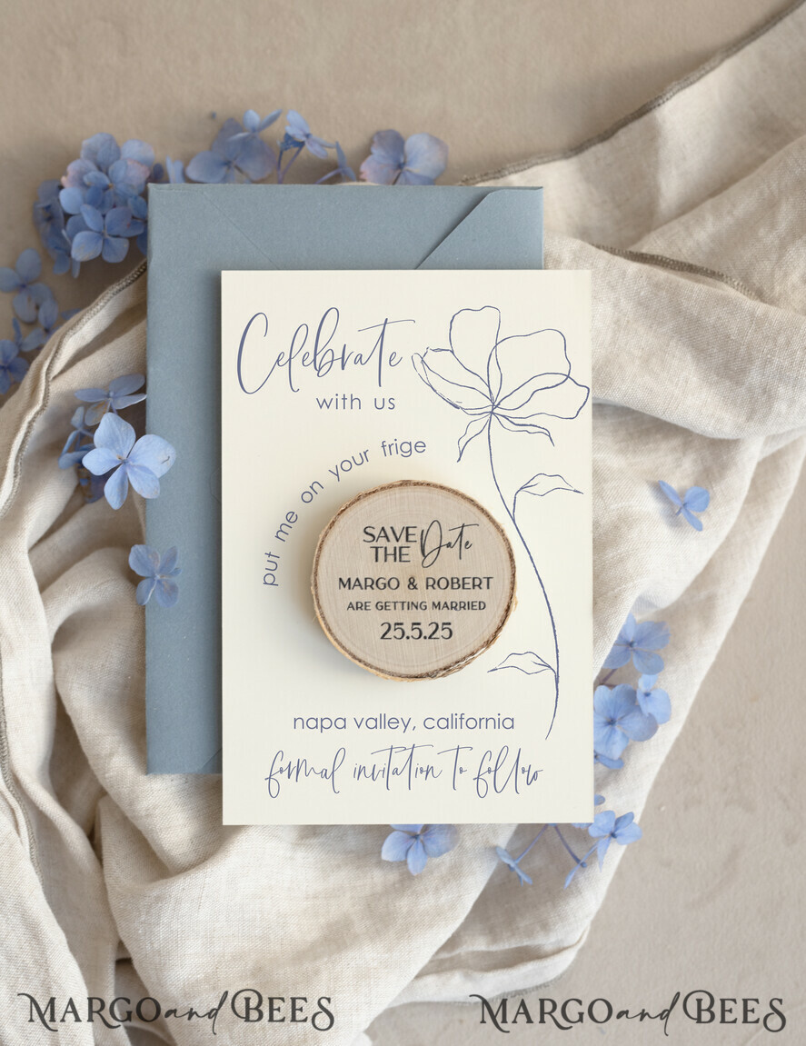 DATEN MERKEN rustikale Boho-Magnete Staubblau Rustikal Save The Date Magnet & Karte Moderne Bastel Save Our Date Holzmagnete Boho Save the Date Karten Holzscheibenmagnete Blumenkarten