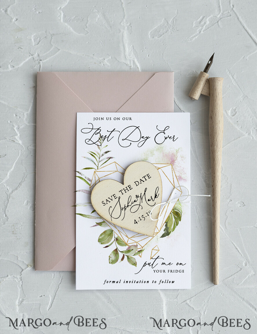 SAVE THE DATES rustic boho magnets Save the Date Card with Geometric greenery Heart with Personalised Rustic Wooden Fridge Magnet