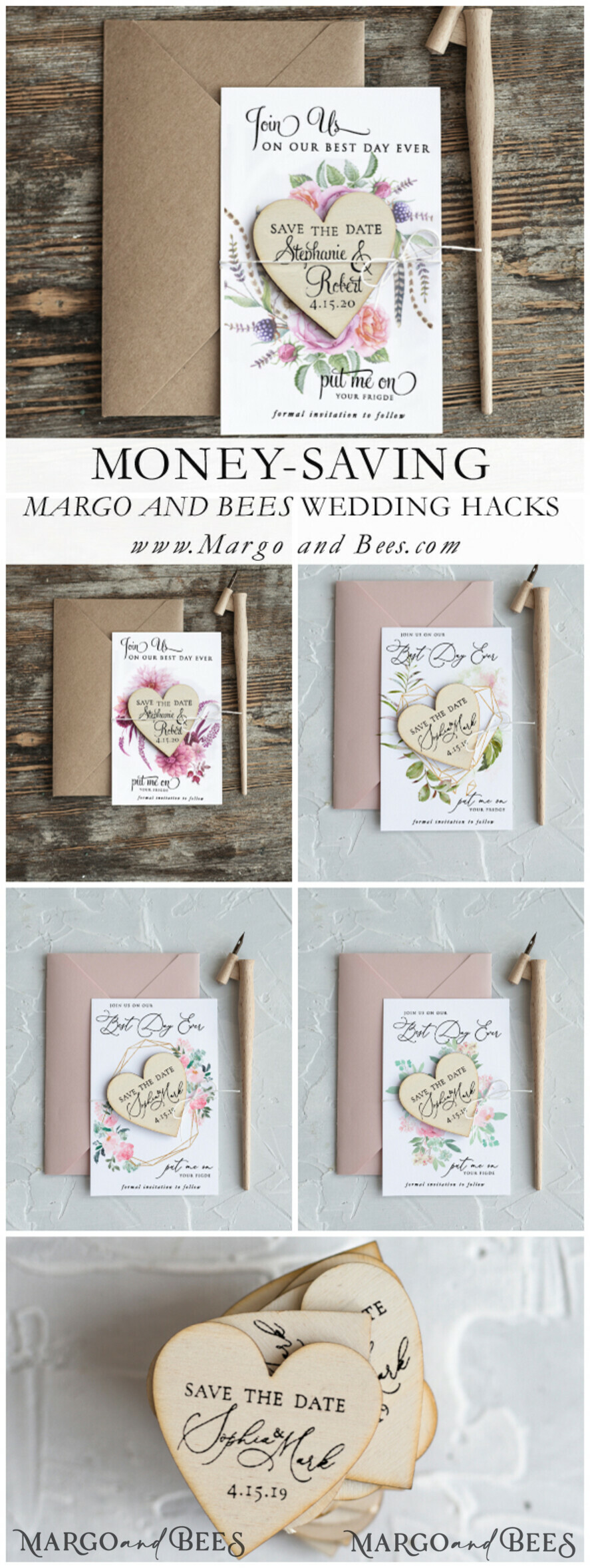 SAVE THE DATES rustic boho magnets Save the Date Card with Geometric greenery Heart with Personalised Rustic Wooden Fridge Magnet