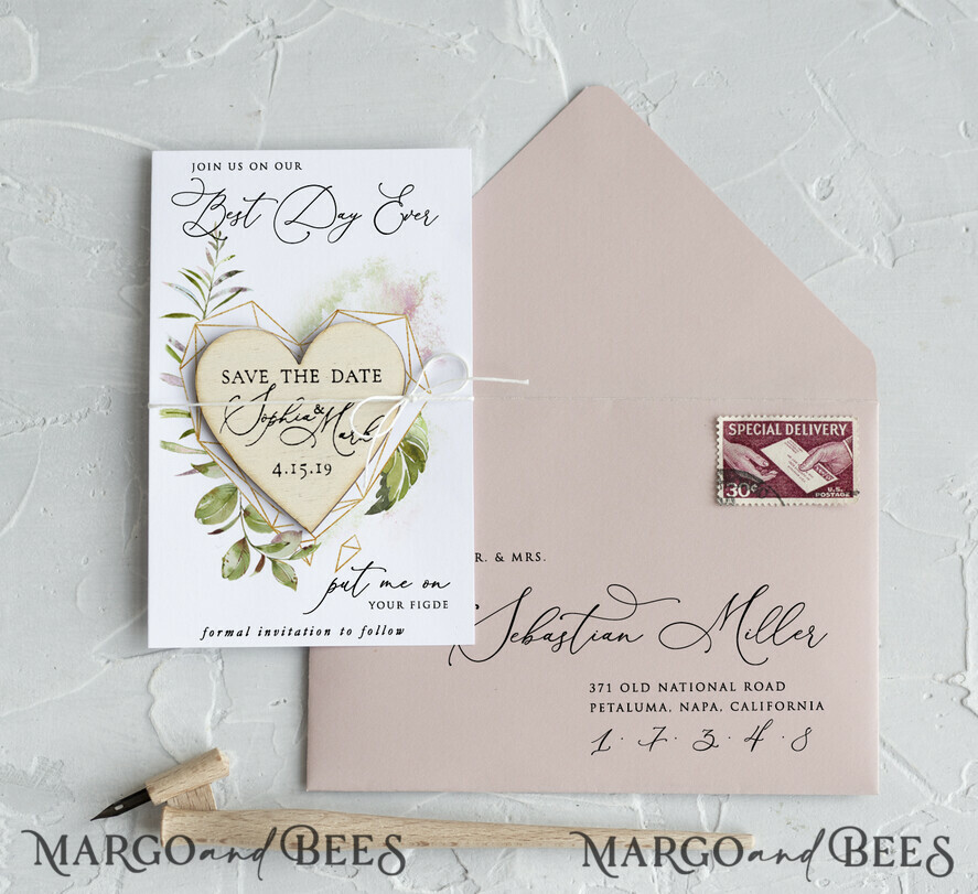 SAVE THE DATES rustic boho magnets Save the Date Card with Geometric greenery Heart with Personalised Rustic Wooden Fridge Magnet