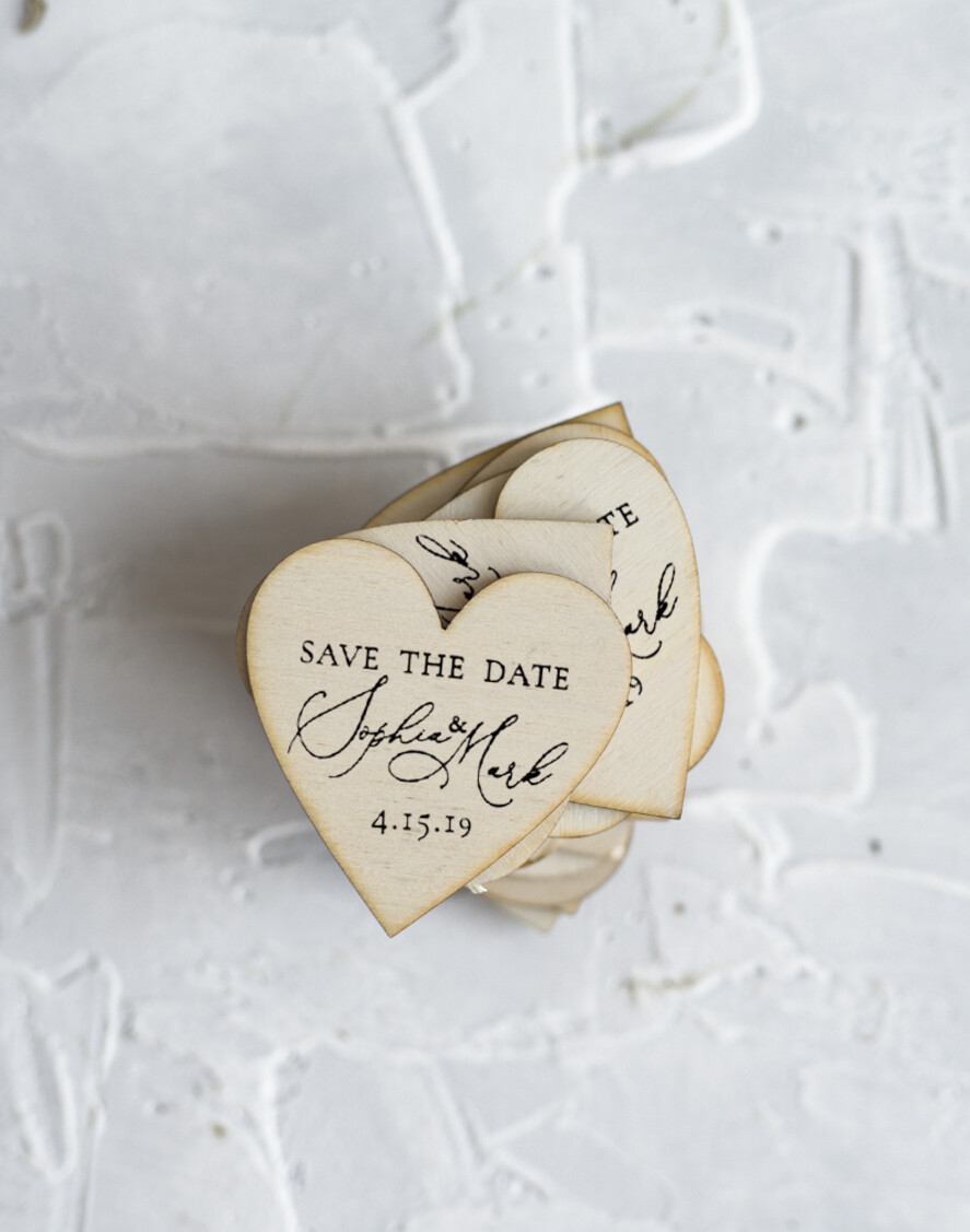 SAVE THE DATES rustic boho magnets Save the Date Card with Geometric greenery Heart with Personalised Rustic Wooden Fridge Magnet