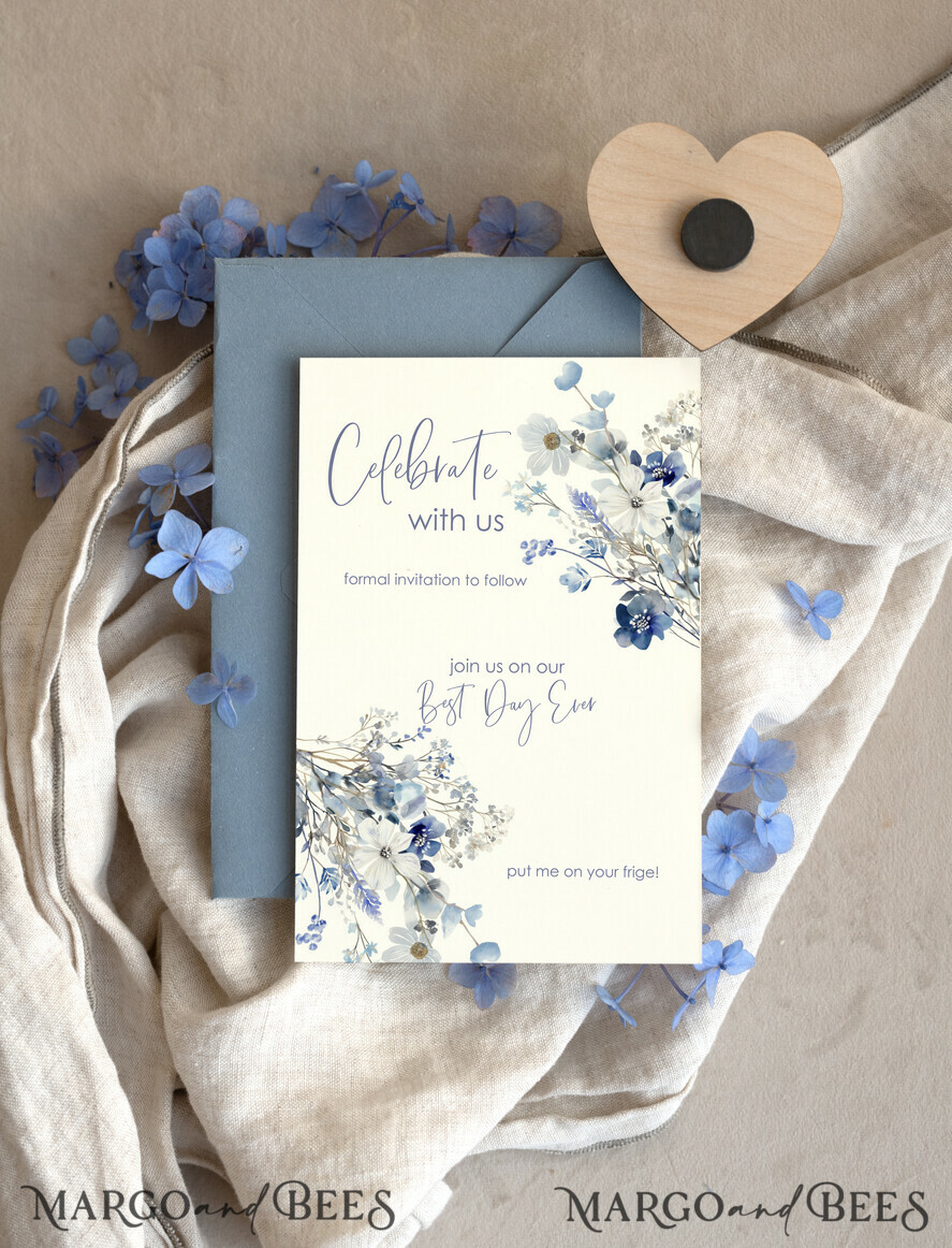 DATEN MERKEN rustikale Boho-Magnete Staubblauer rustikaler Save The Date Magnet & Karte Moderne Bastelarbeiten Speichern Sie unser Datum Holzmagnete Boho Save the Date Karten Holzscheibenmagnete Blumenkarten