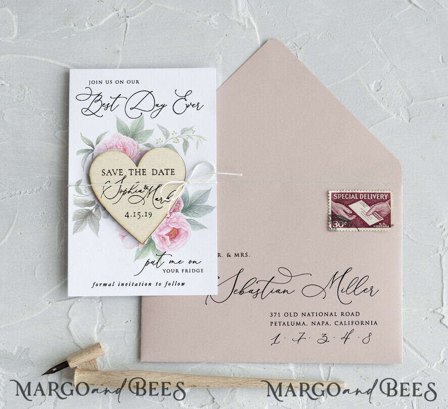 SAVE THE DATES rustic boho magnets Save the date handmade cards modern magnet Wedding Save The Date Card and Heart Magnet, Blush Pink Save Our Date Wood Magnets