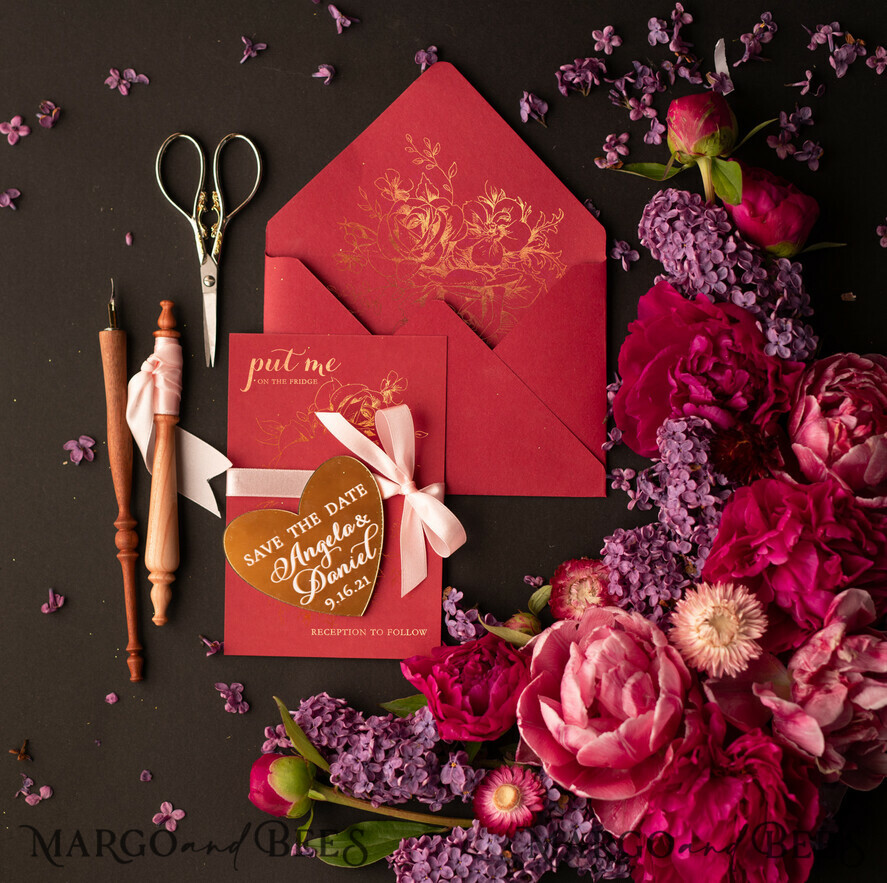 SAVE THE DATES magnets Burgundy Mauve Save the Date set, Gold Mirror Magnet, Elegant Luxury Save the Date cards