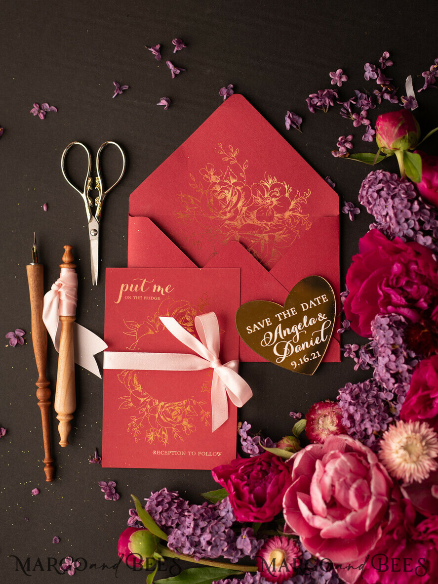 SAVE THE DATES magnets Burgundy Mauve Save the Date set, Gold Mirror Magnet, Elegant Luxury Save the Date cards