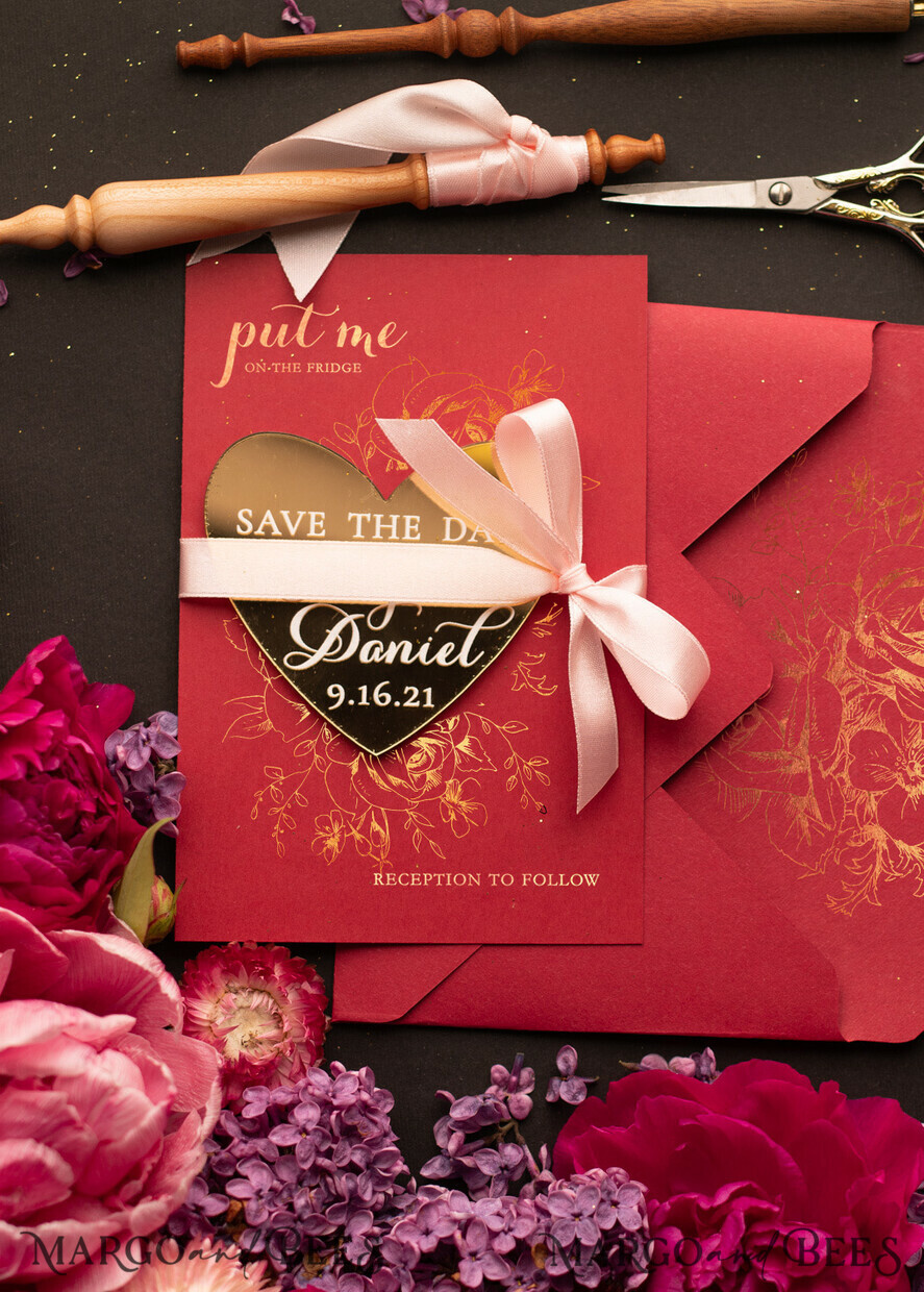 SAVE THE DATES magnets Burgundy Mauve Save the Date set, Gold Mirror Magnet, Elegant Luxury Save the Date cards