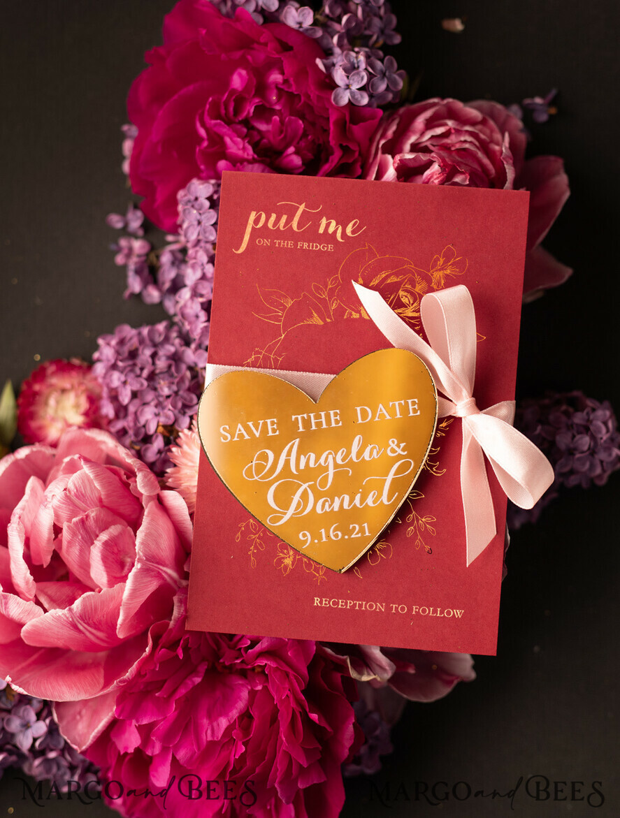 SAVE THE DATES magnets Burgundy Mauve Save the Date set, Gold Mirror Magnet, Elegant Luxury Save the Date cards