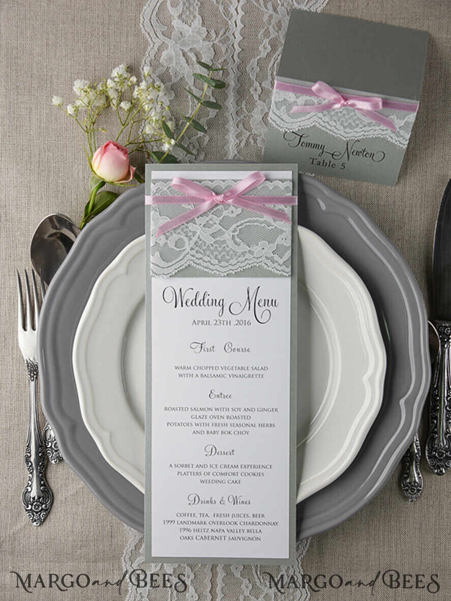 MENU & PROGRAMS rustic and lace Romantic Wedding Menu with Pink Ribbon, Vintage Lace Personalized Menu Cards, Light Grey and Pink Shabby Chic Wedding Menu, Elegant Handmade Wedding Menu Cards