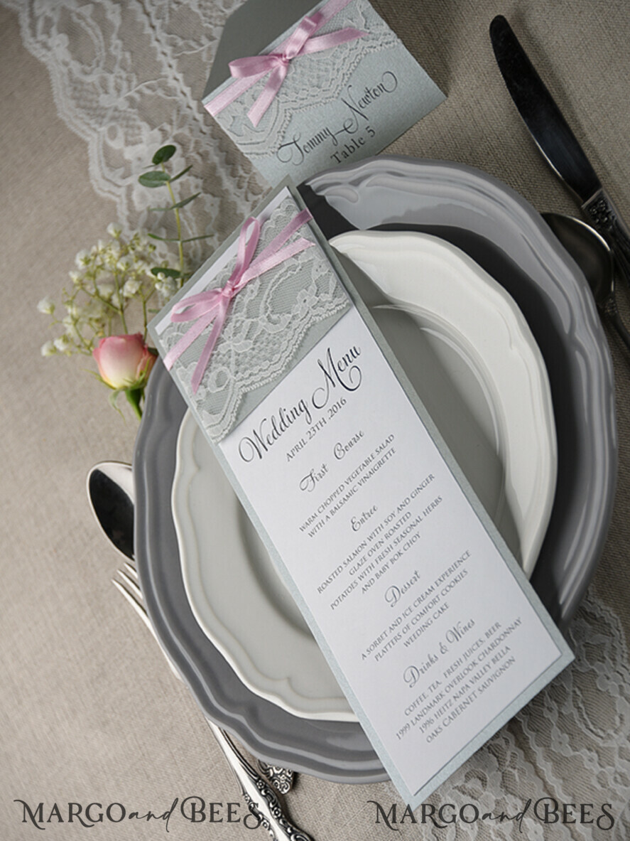 MENU & PROGRAMS rustic and lace Romantic Wedding Menu with Pink Ribbon, Vintage Lace Personalized Menu Cards, Light Grey and Pink Shabby Chic Wedding Menu, Elegant Handmade Wedding Menu Cards