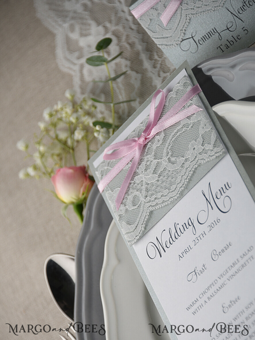 MENU & PROGRAMS rustic and lace Romantic Wedding Menu with Pink Ribbon, Vintage Lace Personalized Menu Cards, Light Grey and Pink Shabby Chic Wedding Menu, Elegant Handmade Wedding Menu Cards