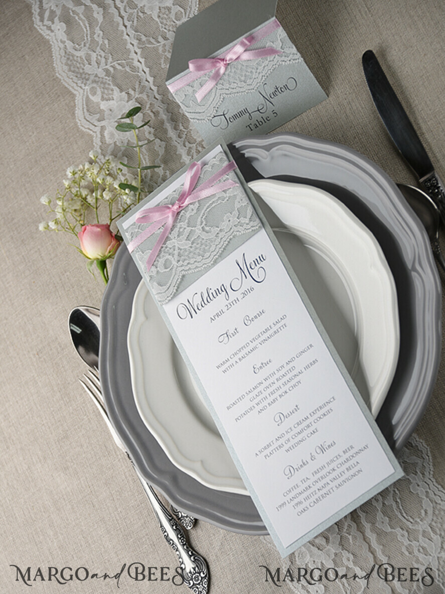 MENU & PROGRAMS rustic and lace Romantic Wedding Menu with Pink Ribbon, Vintage Lace Personalized Menu Cards, Light Grey and Pink Shabby Chic Wedding Menu, Elegant Handmade Wedding Menu Cards