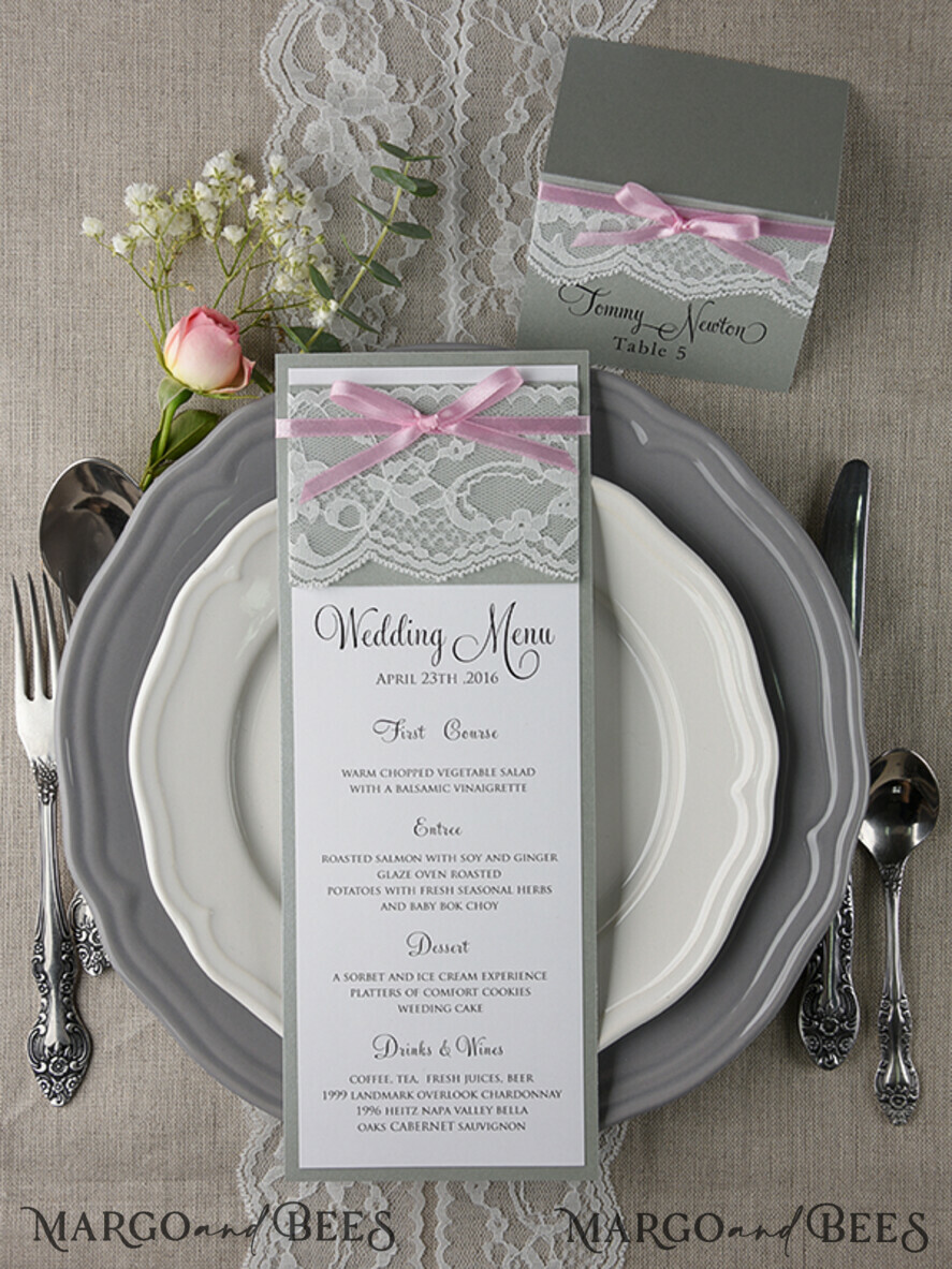 MENU & PROGRAMS rustic and lace Romantic Wedding Menu with Pink Ribbon, Vintage Lace Personalized Menu Cards, Light Grey and Pink Shabby Chic Wedding Menu, Elegant Handmade Wedding Menu Cards