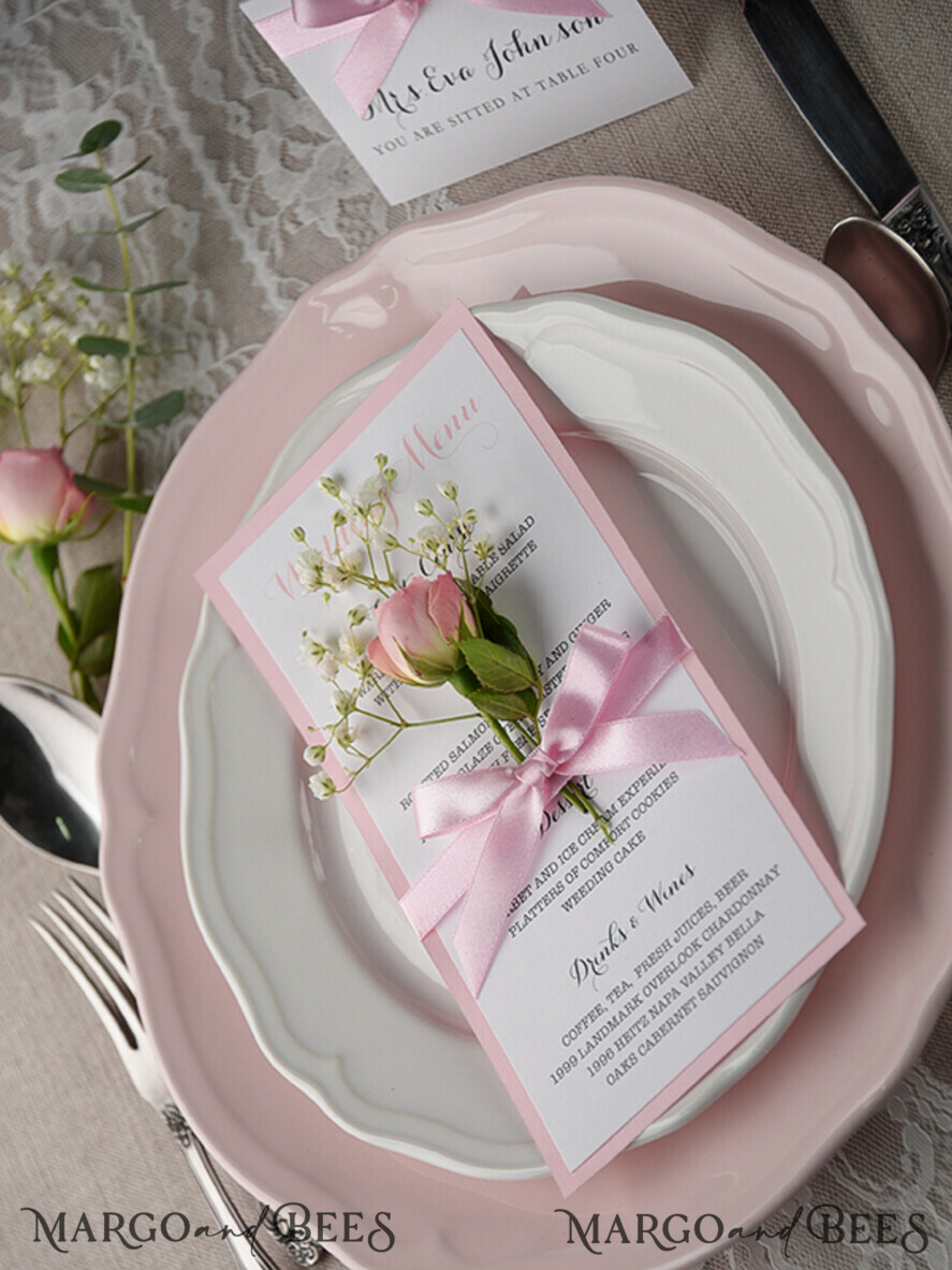 MENU & PROGRAMS rustic and lace Romantic Blush Pink Wedding Menu With Ribbon, Glamour Minimalist Dinner menu with Ribbon, Elegant Simple Party Table Menu, Modern White & Pink Wedding Menu Card