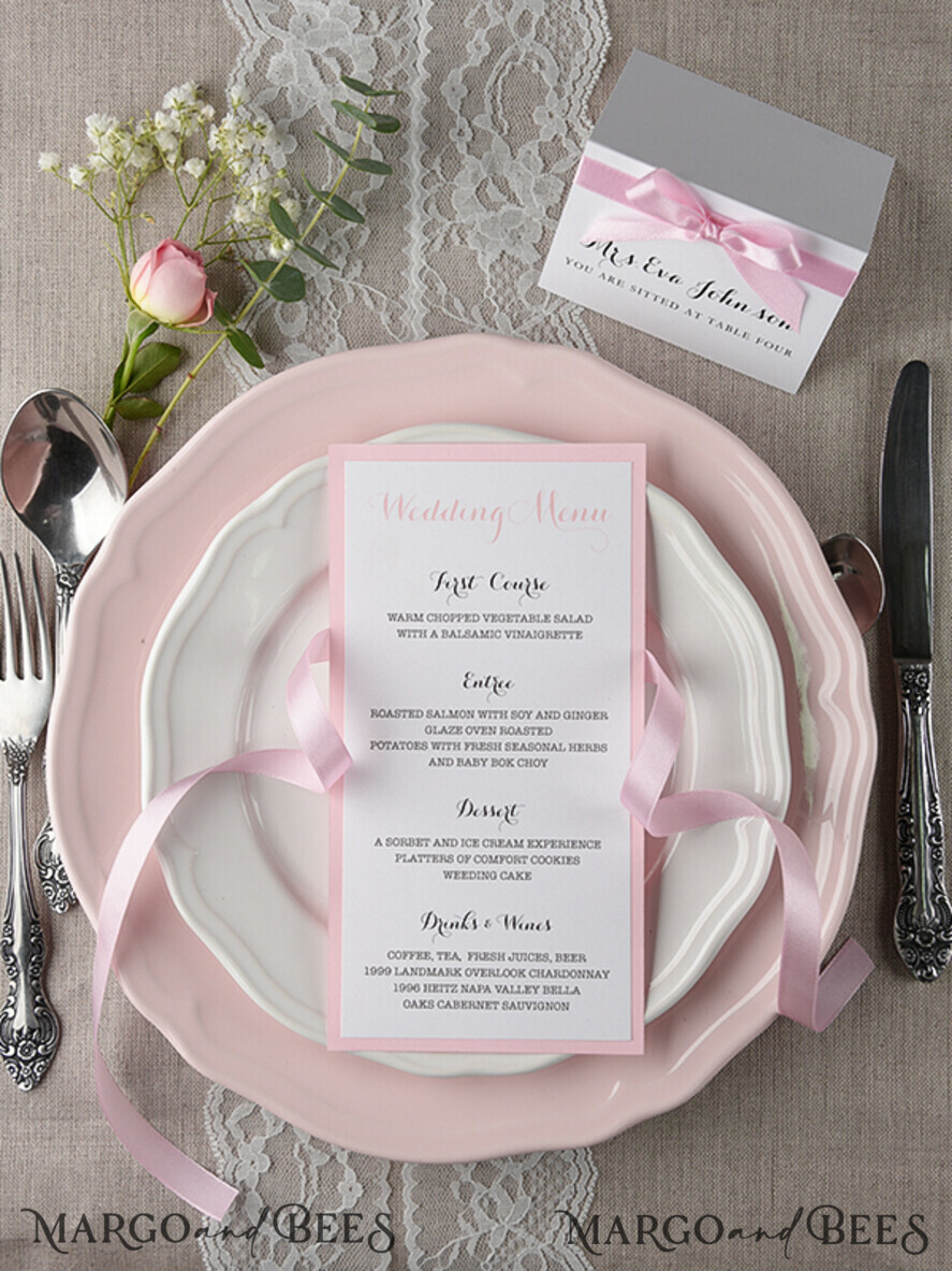 MENU & PROGRAMS rustic and lace Romantic Blush Pink Wedding Menu With Ribbon, Glamour Minimalist Dinner menu with Ribbon, Elegant Simple Party Table Menu, Modern White & Pink Wedding Menu Card