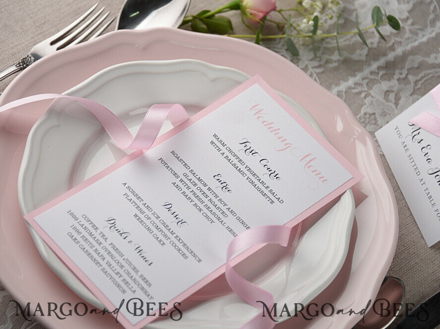 MENU & PROGRAMS rustic and lace Romantic Blush Pink Wedding Menu With Ribbon, Glamour Minimalist Dinner menu with Ribbon, Elegant Simple Party Table Menu, Modern White & Pink Wedding Menu Card