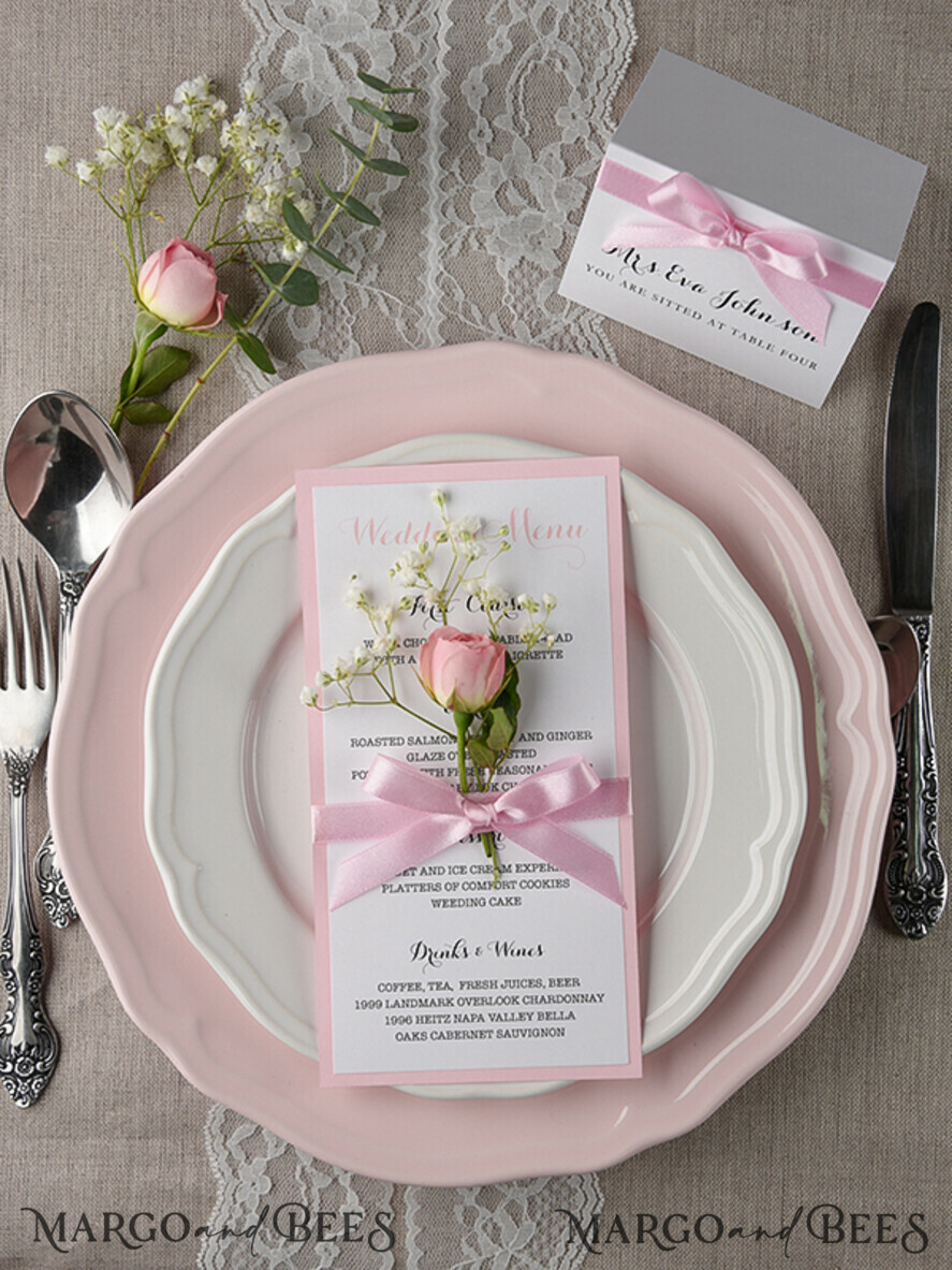MENU & PROGRAMS rustic and lace Romantic Blush Pink Wedding Menu With Ribbon, Glamour Minimalist Dinner menu with Ribbon, Elegant Simple Party Table Menu, Modern White & Pink Wedding Menu Card