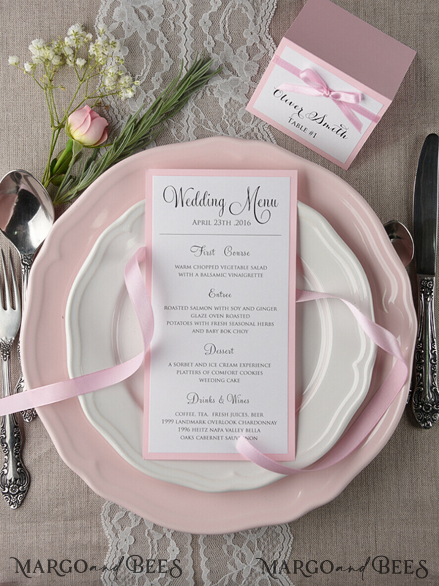 MENU & PROGRAMS rustic and lace Romantic Handmade Blush Pink Wedding Menu, Glamour Minimalist Dinner menu with Ribbon, Elegant Simple Party Table Menu, Modern White And Pink Wedding Menu Card