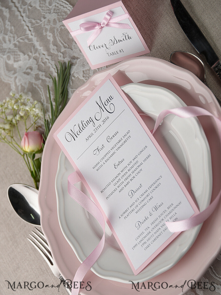 MENU & PROGRAMS rustic and lace Romantic Handmade Blush Pink Wedding Menu, Glamour Minimalist Dinner menu with Ribbon, Elegant Simple Party Table Menu, Modern White And Pink Wedding Menu Card