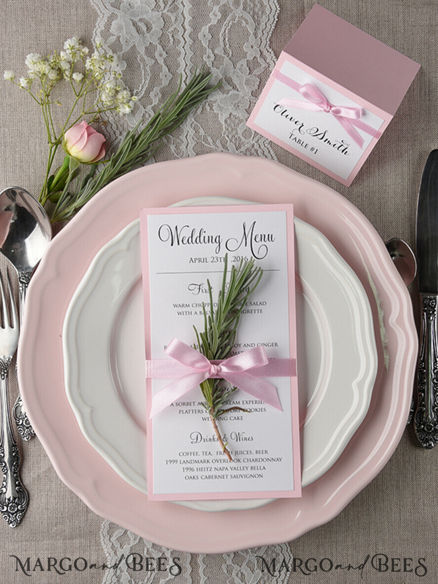 MENU & PROGRAMS rustic and lace Romantic Handmade Blush Pink Wedding Menu, Glamour Minimalist Dinner menu with Ribbon, Elegant Simple Party Table Menu, Modern White And Pink Wedding Menu Card